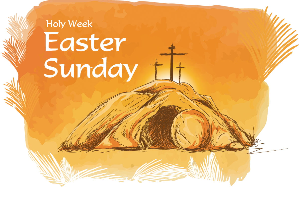 Holy Week - Easter Sunday font with 3 crosses over a tomb graphic